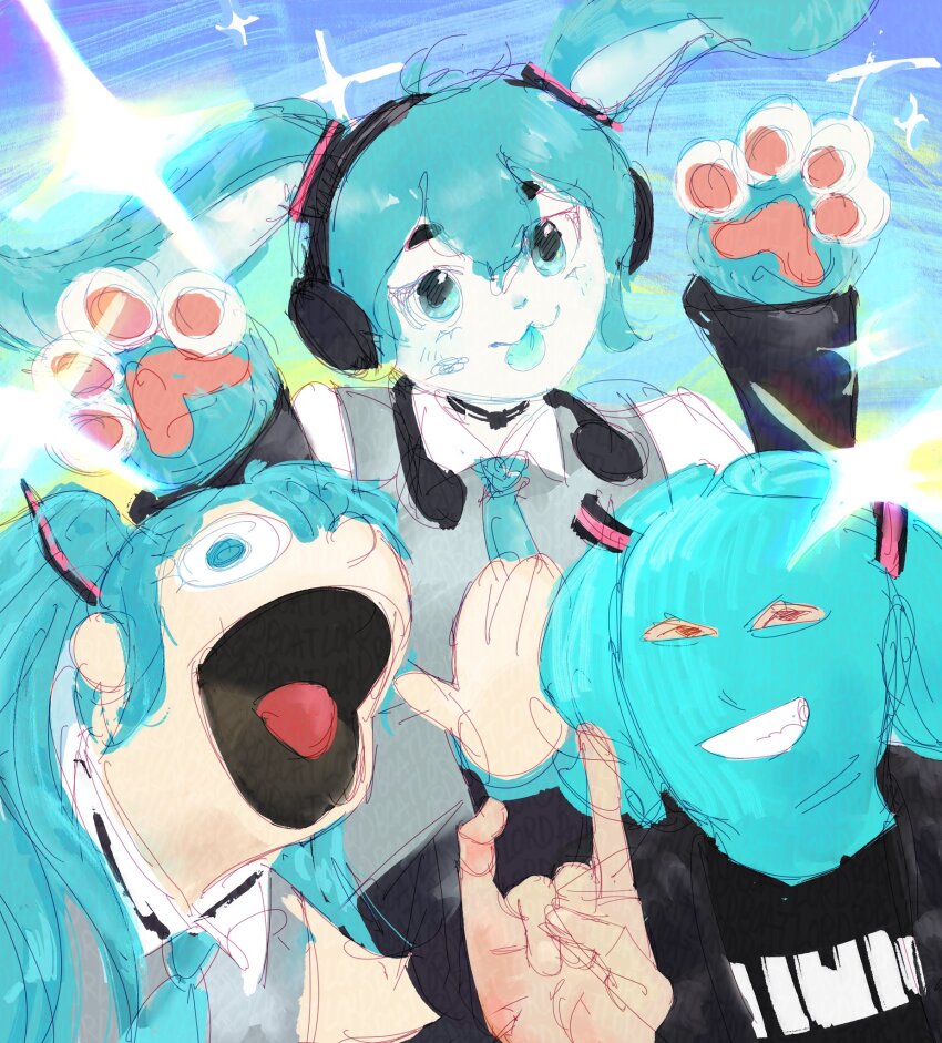 1boy, 2025_hatsune_miku_look-alike_contest, 2girls, \n/, animal_hands, aqua_eyes, aqua_hair, aqua_mask