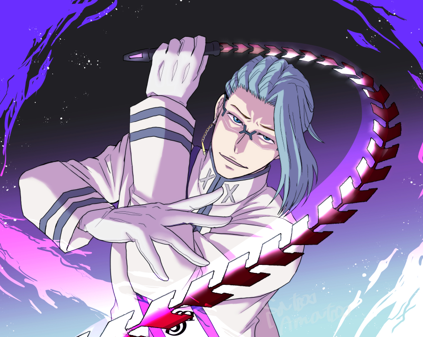 1boy, absurdres, blue_eyes, bucchigiri?!, coat, commentary_request, earrings, glasses, gloves, grey_hair, hand_up, high_collar, highres, holding, holding_weapon, jewelry, looking_at_viewer, male_focus, revision, shindo_akutarou, single_earring, solo, tsuioku, upper_body, weapon, whip_sword, white_coat, white_gloves