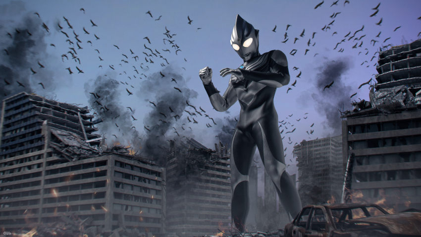 1boy, 295609159hhj, absurdres, alien, armor, bird, black_skin, blue_sky, breastplate, building, car, city, cityscape, clear_sky, clenched_hand, color_timer, colored_skin, commentary, compound_eyes, crow, crystal, dark_persona, day, dorsal_fin, english_commentary, feet_out_of_frame, figure_(medium), fire, forehead_jewel, giant, giant_male, glowing, glowing_eyes, grey_skin, hands_up, highres, looking_down, male_focus, motor_vehicle, multicolored_skin, no_pupils, outdoors, pectorals, photo_(medium), photoshop_(medium), rubble, ruins, sky, smoke, smoke_trail, solo, standing, tokusatsu, toned, toned_male, two-tone_skin, ultra_series, ultraman_tiga, ultraman_tiga:_the_final_odyssey, ultraman_tiga_(series), ultraman_tiga_(tiga_dark), white_eyes, wrinkled_skin