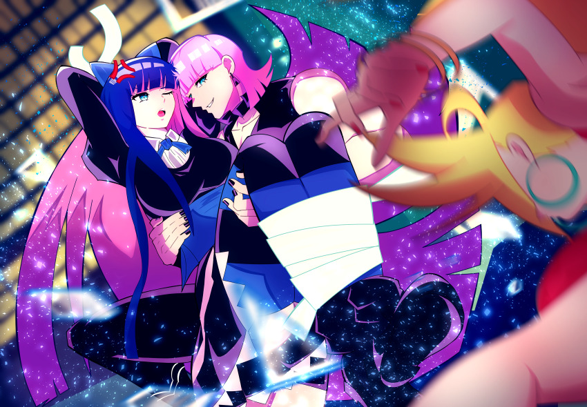 1boy, 2girls, absurdres, anger_vein, black_dress, black_nails, blonde_hair, blue_bow