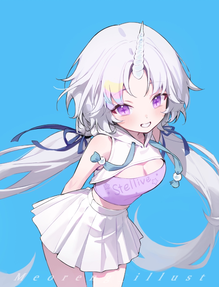 1girl, artist_name, ayatsuno_yuni, blue_background, blue_ribbon, breasts, cleavage, clothes_writing