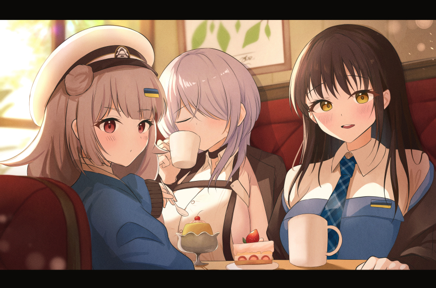 3girls, absurdres, black_choker, black_hair, black_jacket, blue_corset, blue_jacket, blue_necktie