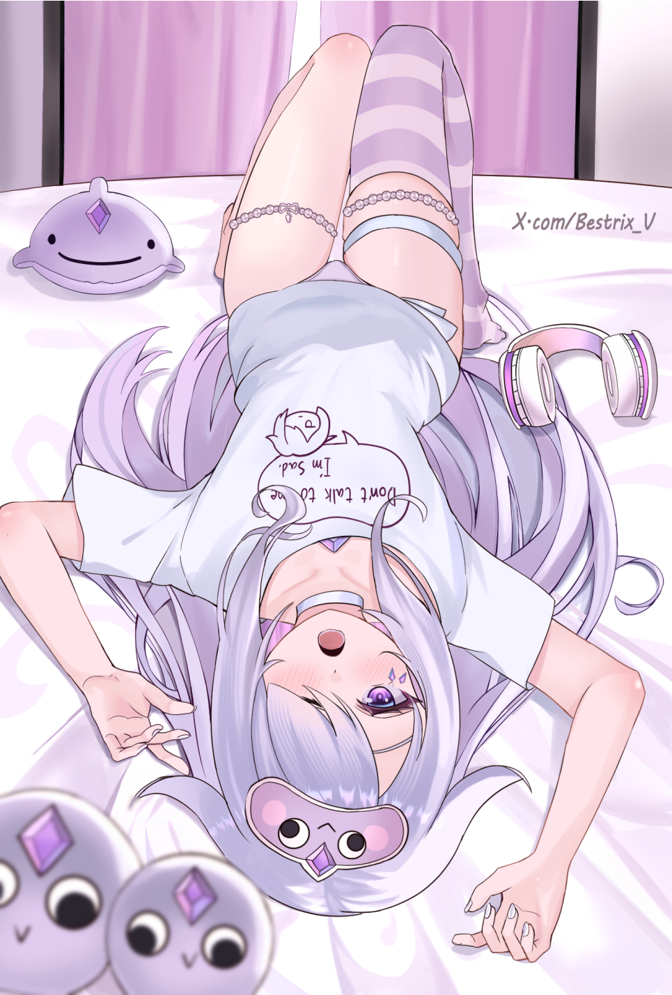 1girl, bestrix, commentary, english_commentary, face_jewel, hair_over_one_eye, highres, hololive, hololive_english, indoors, jewel_under_eye, knees_up, koseki_bijou, koseki_bijou_(pebble_pajamas), long_hair, looking_at_viewer, lying, on_back, on_bed, open_mouth, panties, pebble_(koseki_bijou), purple_eyes, purple_hair, purple_panties, short_sleeves, single_bare_foot, single_thighhigh, solo, striped_clothes, striped_thighhighs, thigh_strap, thighhighs, underwear, upside-down, virtual_youtuber