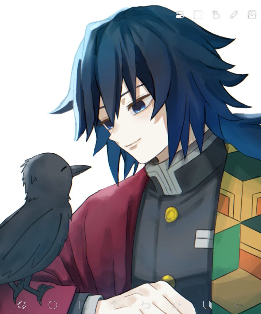 1boy, bird, black_hair, black_jacket, blue_eyes, closed_mouth, crow, empty_eyes