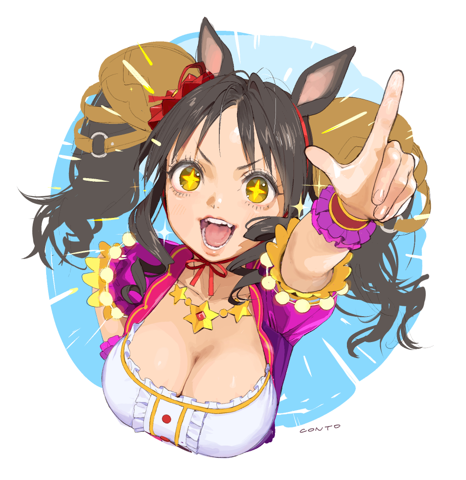 +_+, 1girl, animal_ears, arm_up, black_hair, breasts, brown_eyes, center_frills