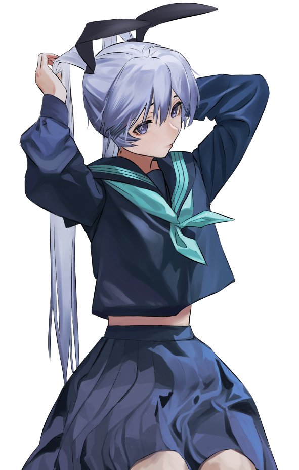 1girl, alternate_costume, animal_ears, arms_up, blue_eyes, commentary_request, grey_hair, long_hair