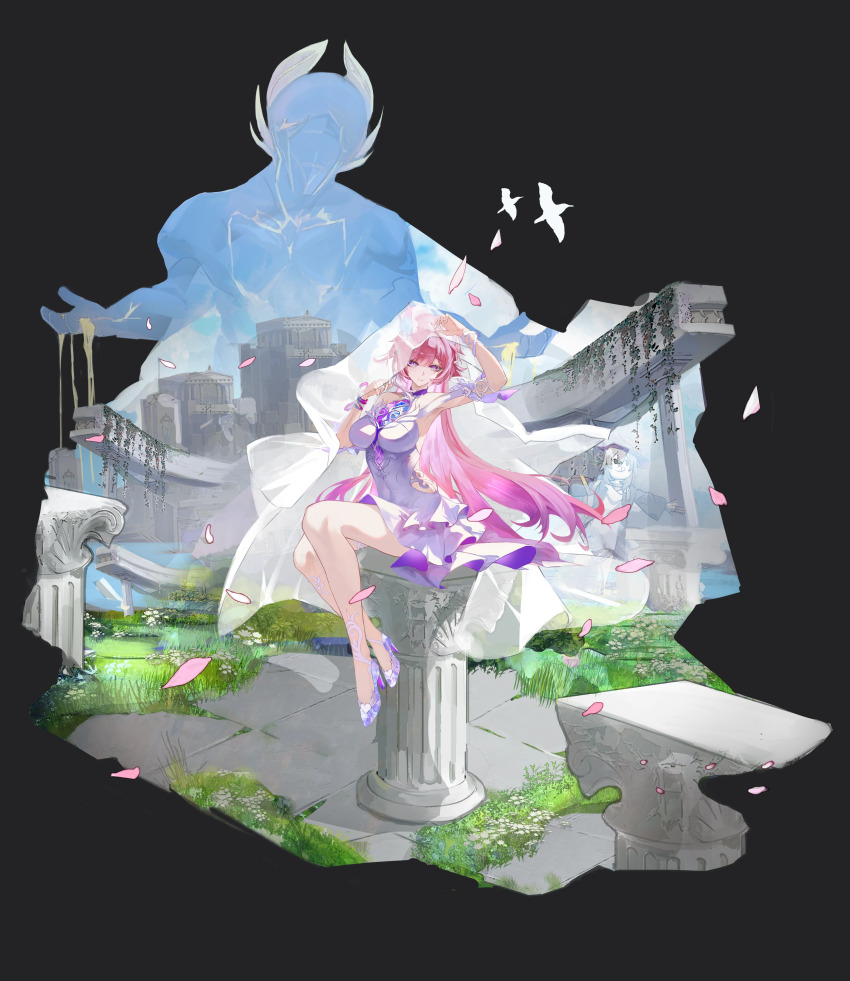 1girl, absurdres, armpits, bird, black_background, breasts, bridal_veil, chinese_commentary