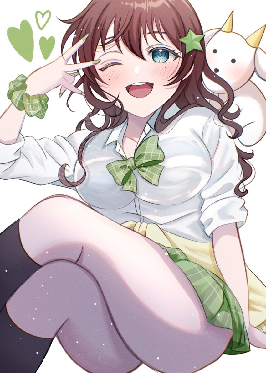 1girl, black_socks, blush, bow, bowtie, breasts, cardigan, cardigan_around_waist, clothes_around_waist, collared_shirt, commentary_request, emma_verde, feet_out_of_frame, fingernails, freckles, green_bow, green_nails, green_skirt, hair_ornament, heart, highres, large_breasts, long_hair, love_live!, love_live!_nijigasaki_high_school_idol_club, nail_polish, official_alternate_costume, official_alternate_hairstyle, plaid_bow, plaid_bowtie, plaid_clothes, plaid_skirt, pleated_skirt, red_hair, ryuuka_(moriryuuuuu24), school_uniform, shirt, simple_background, skirt, sleeves_pushed_up, socks, solo, star_(symbol), teeth, upper_body, upper_teeth_only, v, watermark, white_background, yellow_cardigan