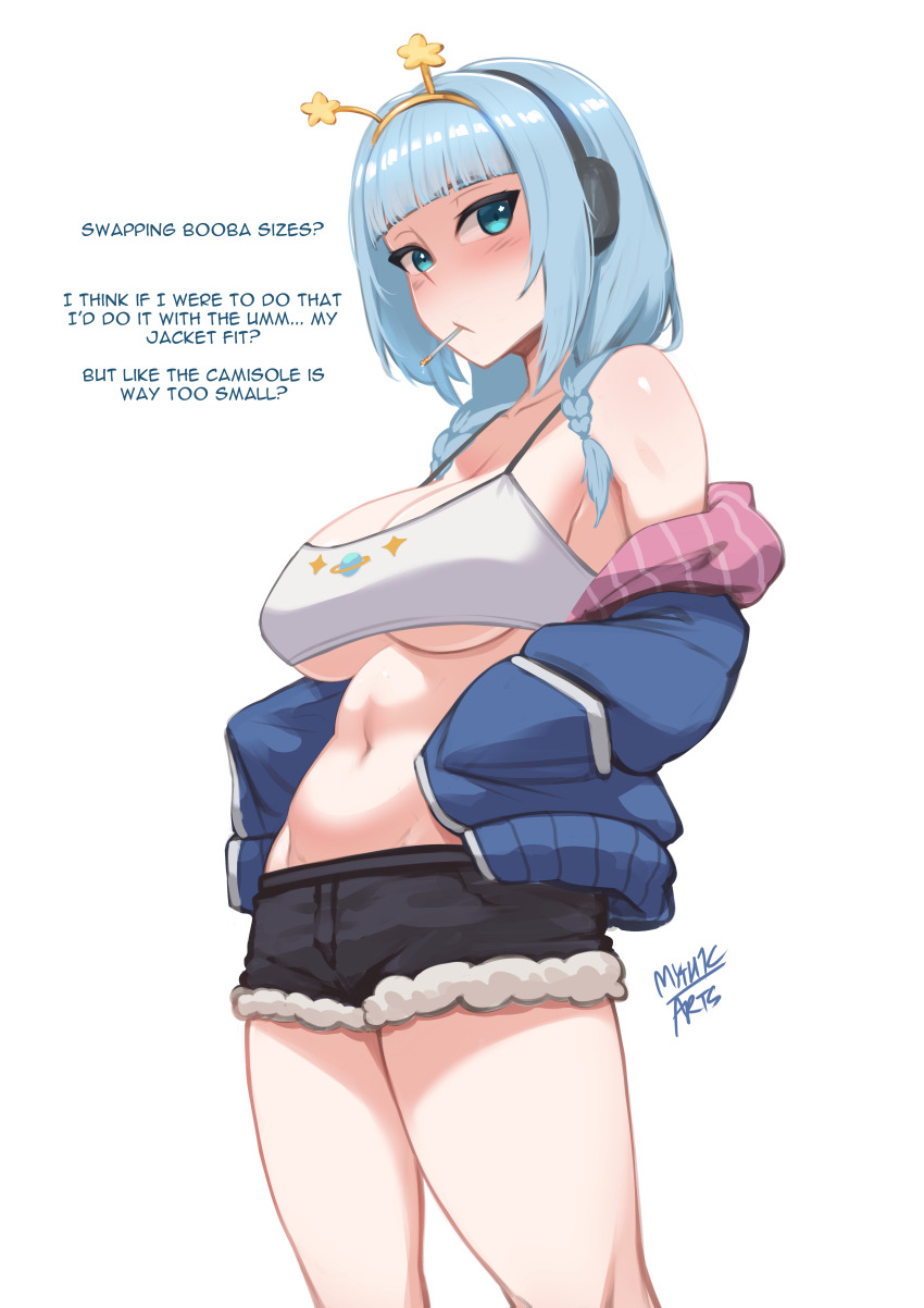 1girl, absurdres, alternate_breast_size_(larger), bare_shoulders, bilingual_commentary, blue_eyes, blue_hair, blue_jacket