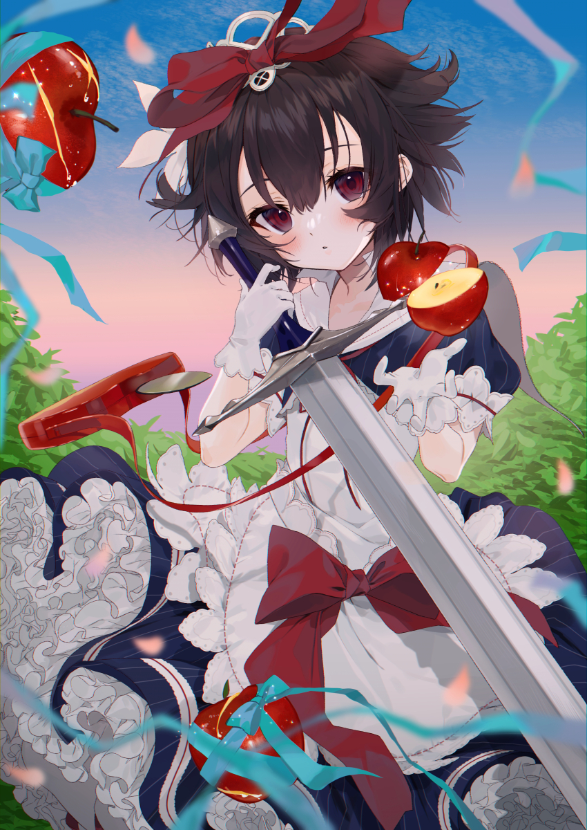 1girl, apple, apple_caliber_(grimms_notes), bad_id, bad_pixiv_id, black_hair, food, fruit, gloves, gotoh_(nekocat), grimms_notes, hair_ribbon, holding, holding_sword, holding_weapon, looking_at_viewer, puffy_short_sleeves, puffy_sleeves, red_ribbon, ribbon, short_sleeves, snow_white_(grimms_notes), solo, spiked_hair, sword, weapon, white_gloves