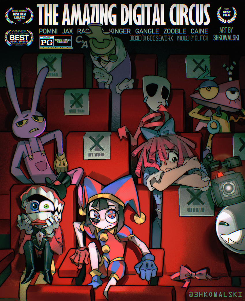 3hkowalski, 4boys, 4girls, animal_ears, arm_behind_head, arm_rest, asymmetrical_eyes, asymmetrical_gloves