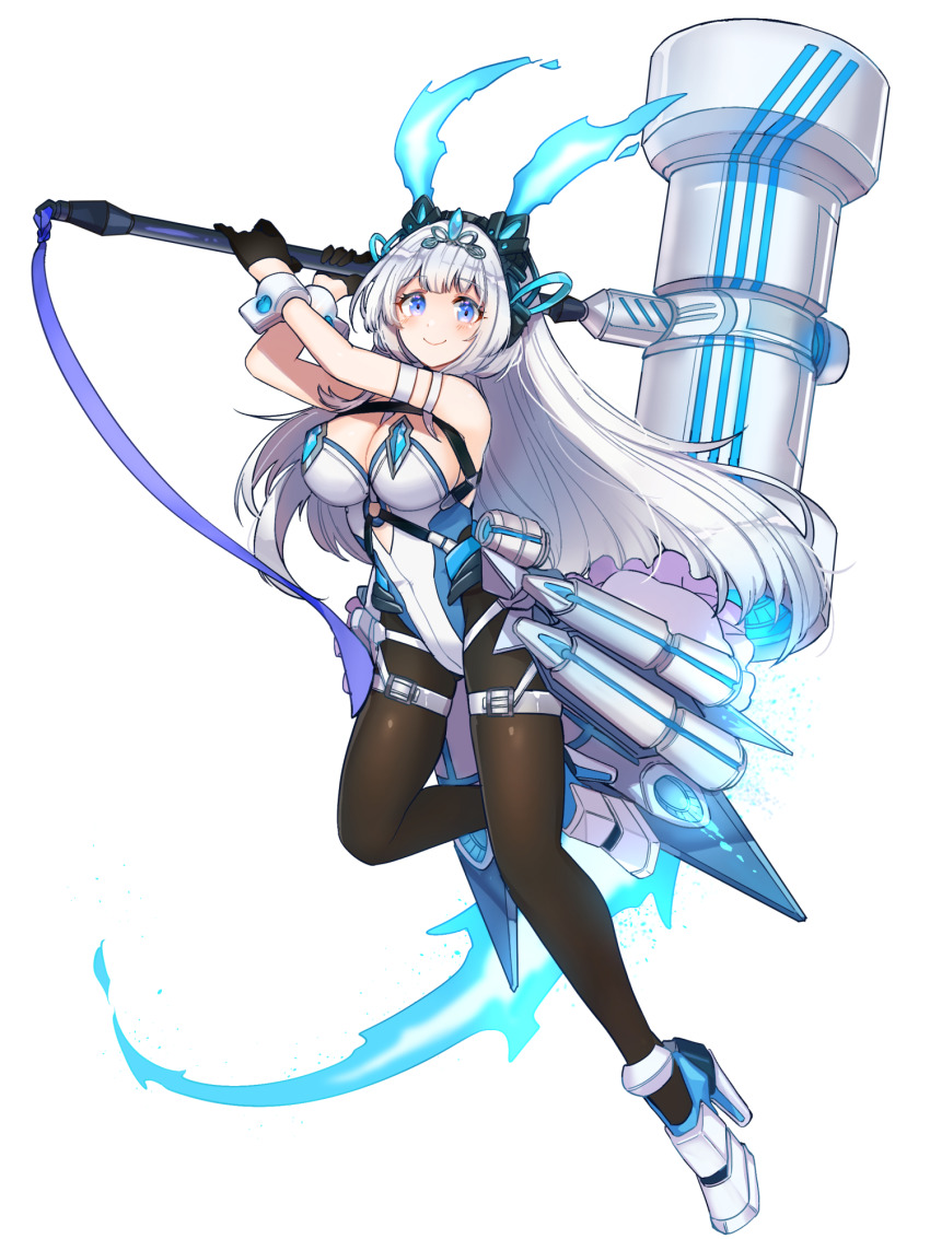 1girl, black_gloves, black_pantyhose, blue_eyes, blue_fire, breasts, cleavage, dairoku_ryouhei