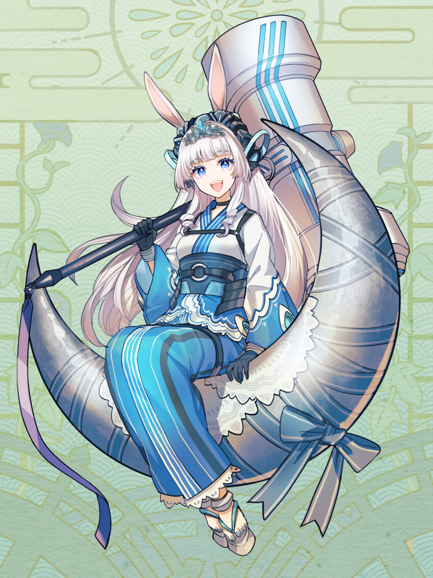 1girl, :d, animal_ears, black_gloves, blue_bow, blue_eyes, bow, crescent