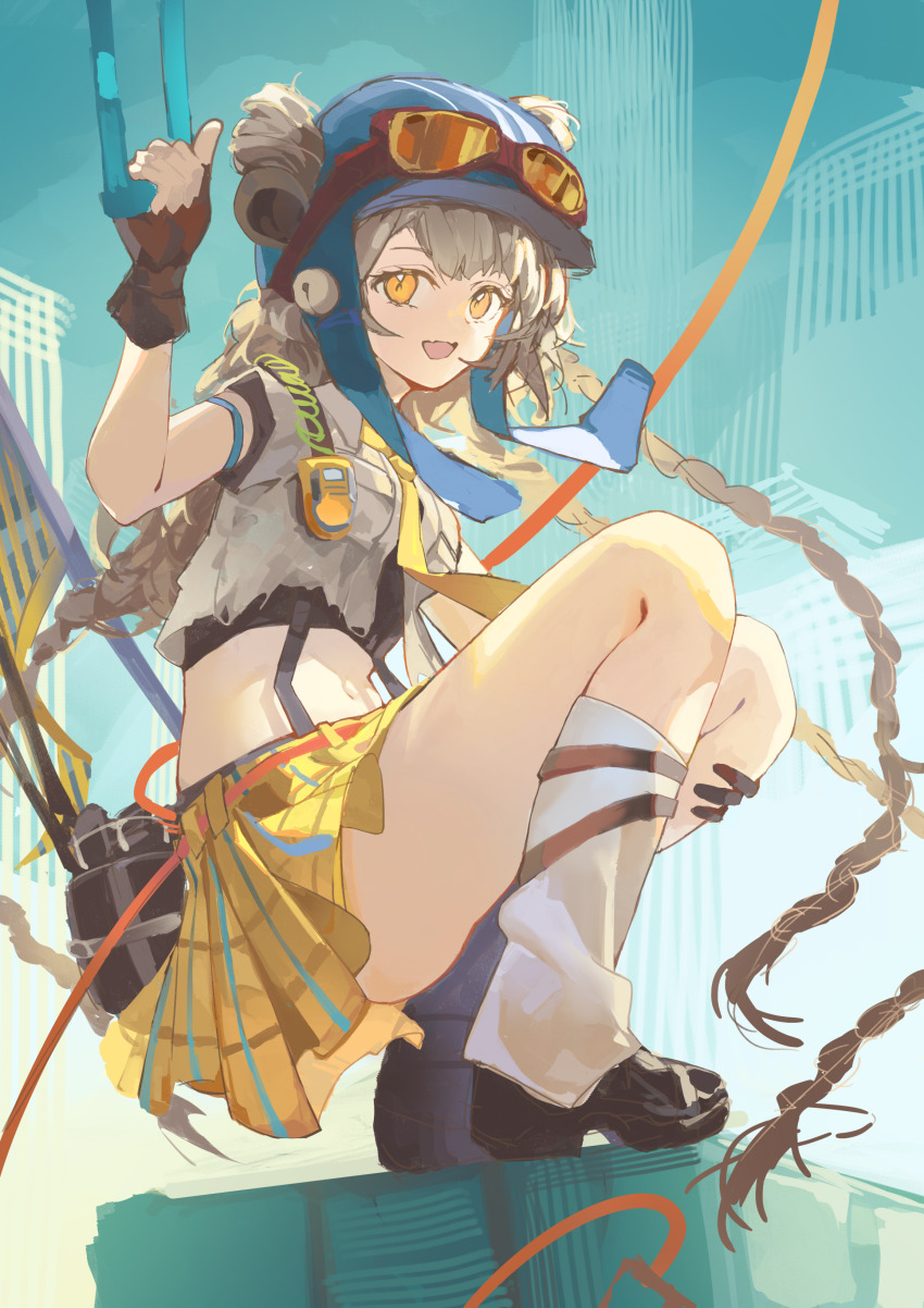 :d, absurdres, arknights, aviator_cap, aviator_goggles, bell, belt, black_shirt, blue_hat, braid, braided_ponytail, brown_gloves, brown_hair, brown_shoes, cairn_(arknights), commentary_request, crop_top, eyewear_on_head, fingerless_gloves, gloves, goggles, goggles_on_head, goggles_on_headwear, hand_on_own_knee, hat, highres, inx0, jingle_bell, leg_warmers, loafers, long_hair, looking_at_viewer, open_mouth, orange-tinted_eyewear, orange_belt, orange_eyes, paper_airplane, plaid_clothes, plaid_skirt, pleated_skirt, quad_tails, shirt, shoes, skirt, smile, squatting, suspender_skirt, suspenders, tinted_eyewear, translation_request, undershirt, very_long_hair, white_leg_warmers, white_shirt, yellow_skirt