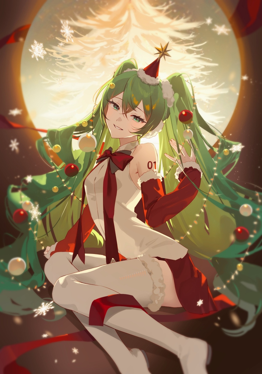 1girl, arm_tattoo, blurry_edges, bow, bowtie, christmas, christmas_lights, christmas_ornaments