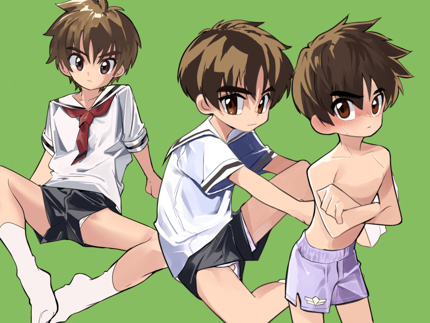 1boy, blush, brown_eyes, brown_hair, cardcaptor_sakura, closed_mouth, crossed_arms, green_background