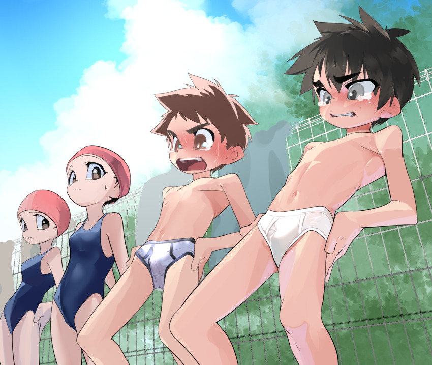 2boys, 2girls, black_hair, blush, briefs, brown_hair, clenched_teeth, highres, looking_at_another, male_underwear, multiple_boys, multiple_girls, navel, one-piece_swimsuit, open_mouth, original, outdoors, public_indecency, sabita432, short_hair, shota, swimsuit, tearing_up, teeth, topless_male, underwear, white_briefs, white_male_underwear
