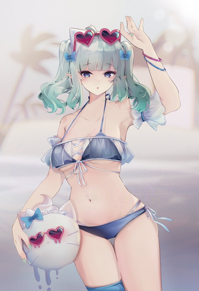 1girl, absurdres, aqua_hair, arm_up, bikini, blue_bikini, blue_eyes, blue_thighhighs, breasts, commentary, densetsu.exe, eyewear_on_head, gradient_hair, heart, heart-shaped_eyewear, highres, looking_at_viewer, medium_breasts, mint_fantome, multicolored_hair, open_mouth, pointy_ears, single_thighhigh, solo, sunglasses, swimsuit, untranslatable_commentary, thighhighs, tundrea, virtual_youtuber, white_hair