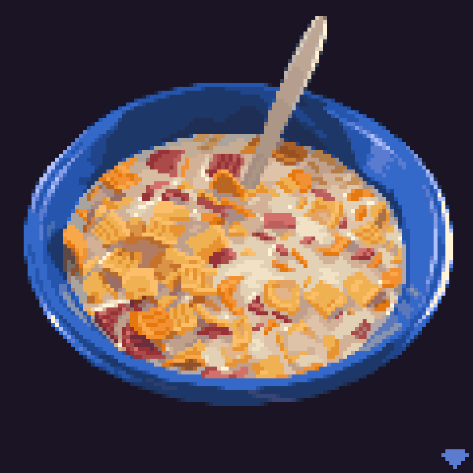 bowl, cereal, milk, mirrutatep, no_humans, original, photo-referenced, pixel_art
