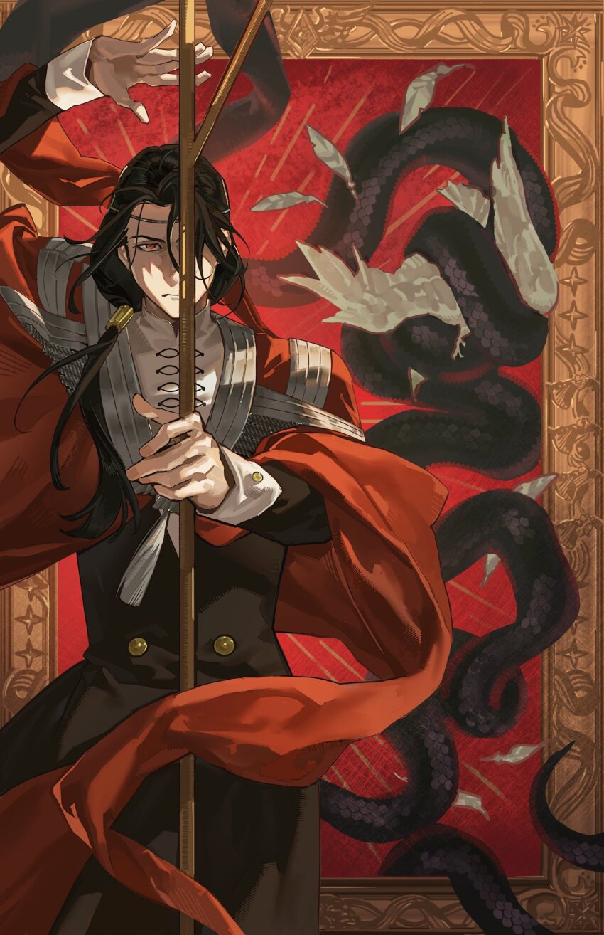 1boy, artinuyama, bishounen, black_hair, easthies_(tongari_boushi_no_atelier), highres, holding, knights_moralis_uniform, long_sleeves, looking_at_viewer, male_focus, one_eye_covered, red_eyes, solo, tongari_boushi_no_atelier, weapon