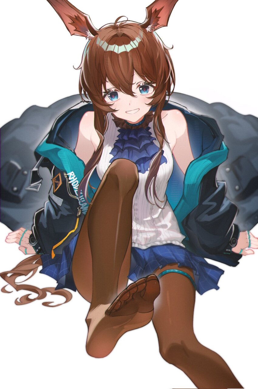 1girl, ahoge, amiya_(arknights), animal_ear_fluff, animal_ears, arknights, ascot, bare_shoulders