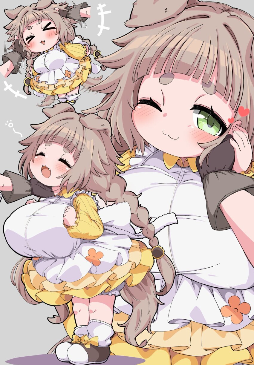 >_<, 1girl, :3, animal_ears, blue_eyes, blunt_bangs, blush, braid