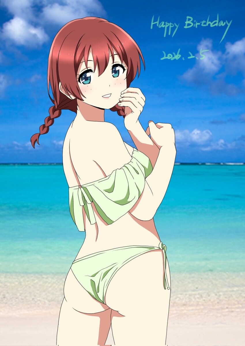 1girl, bare_back, bare_shoulders, beach, bikini, blue_eyes, blue_sky, braid