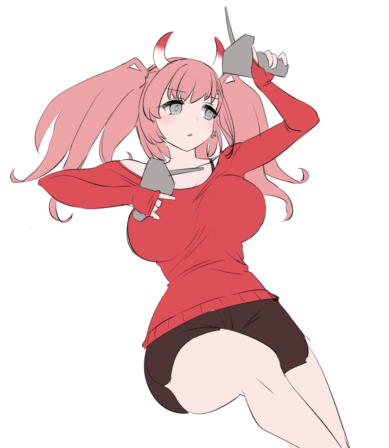 1girl, adapted_turret, atlanta_(kancolle), black_skirt, breasts, commentary_request, cosplay, grey_eyes