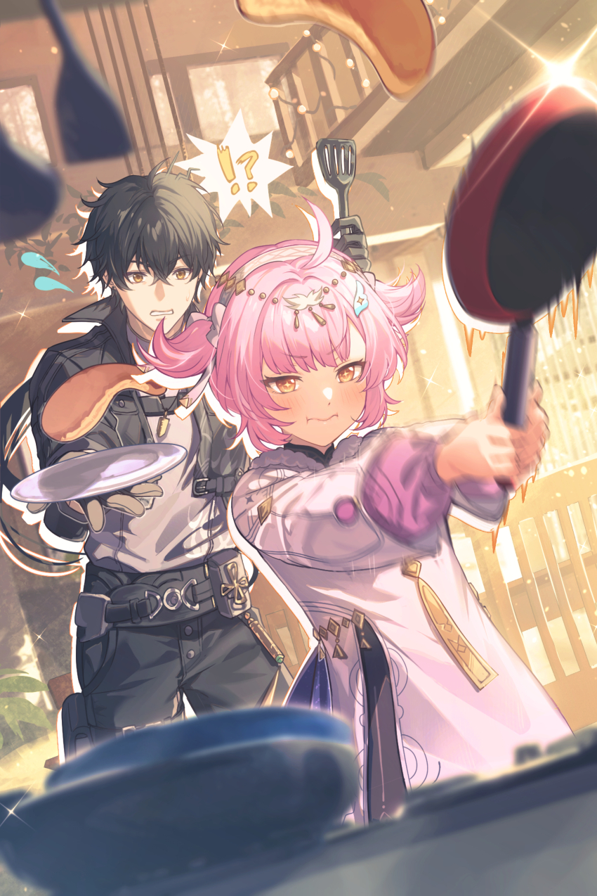 !?, 1boy, 1girl, :i, absurdres, adoptive_parent_and_adoptive_child, aemeath_(wuthering_waves), aemeath_(young)_(wuthering_waves)