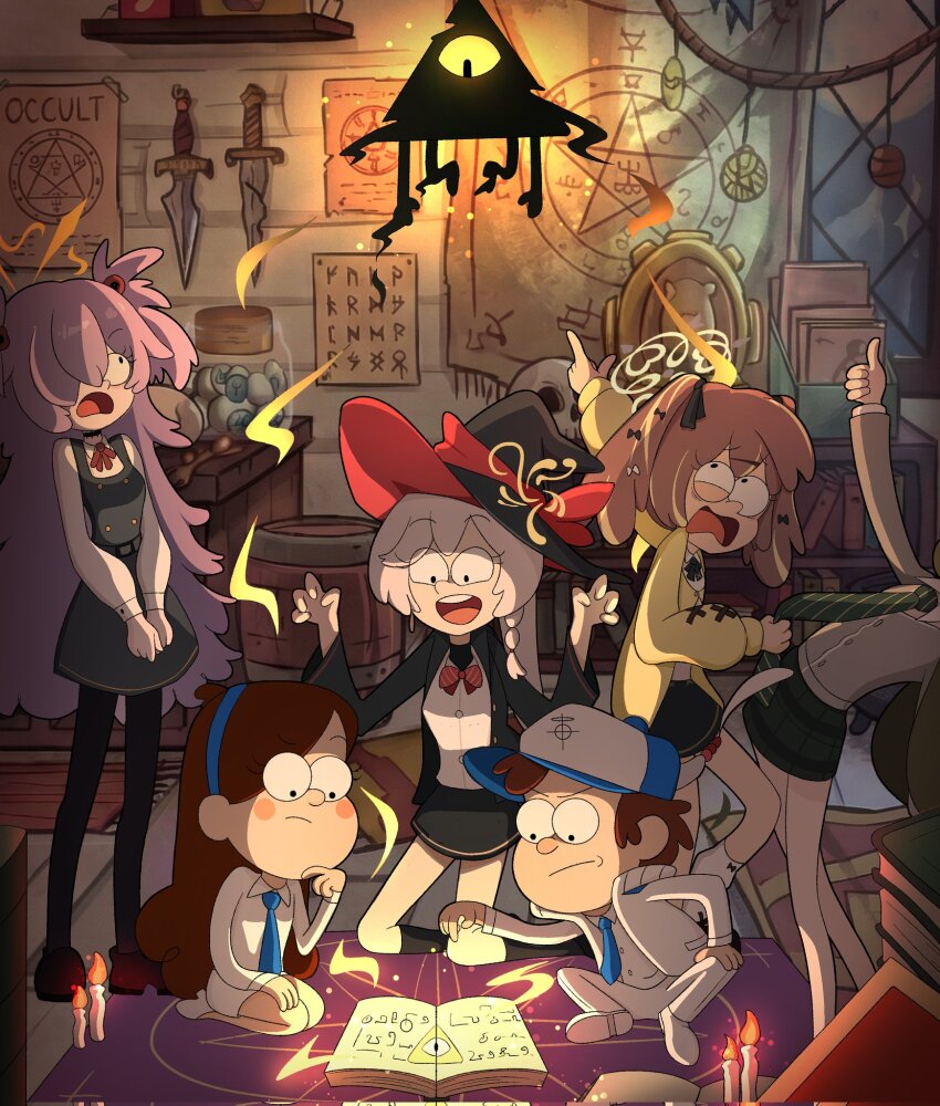 1boy, 4girls, alex_hirsch_(style), alternate_art_style, baseball_cap, bill_cipher, black_skirt, blue_archive, book, bow, braid, brown_hair, cardigan, collared_shirt, commentary, creammilk_tea, crossover, dipper_pines, dress, english_commentary, eri_(blue_archive), gravity_falls, hair_between_eyes, hair_bobbles, hair_bow, hair_ornament, hair_over_one_eye, halo, hat, highres, indoors, kanoe_(blue_archive), long_bangs, long_hair, long_sleeves, looking_at_another, mabel_pines, magic_circle, mixed-language_commentary, multiple_girls, occult_studies_club_(blue_archive), parted_bangs, pinafore_dress, pointing, purple_hair, reading, rena_(blue_archive), scared, schale_logo, school_uniform, seiza, shirt, sidelocks, single_braid, sitting, skirt, sleeveless, sleeveless_dress, surprised, tsumugi_(blue_archive), white_hair, white_shirt, witch_hat, yellow_cardigan
