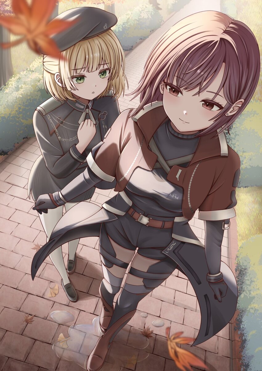 2girls, blonde_hair, commentary_request, green_eyes, hat, heaven_burns_red, highres, kanikure12, leaf, maple_leaf, military_hat, multiple_girls, nanase_nanami_(heaven_burns_red), path, puddle, purple_hair, red_eyes, road, short_hair, tezuka_saki, tezuka_saki_(dawn_of_hope)