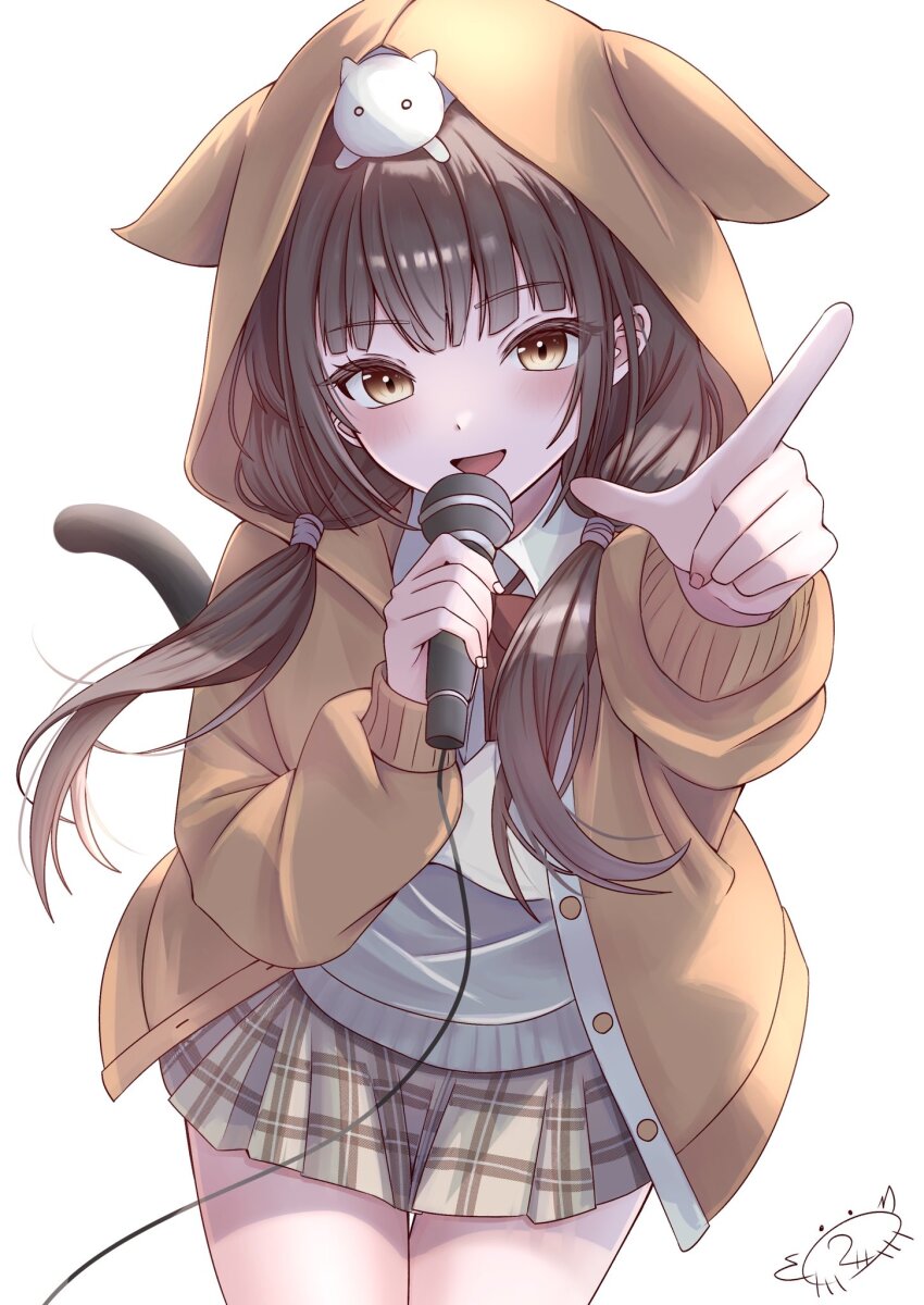 1girl, asakura_karen_(heaven_burns_red), black_hair, heaven_burns_red, highres, hood, hoodie, kanikure12, low_twintails, microphone, pointing, pointing_at_viewer, short_hair, twintails, yellow_eyes