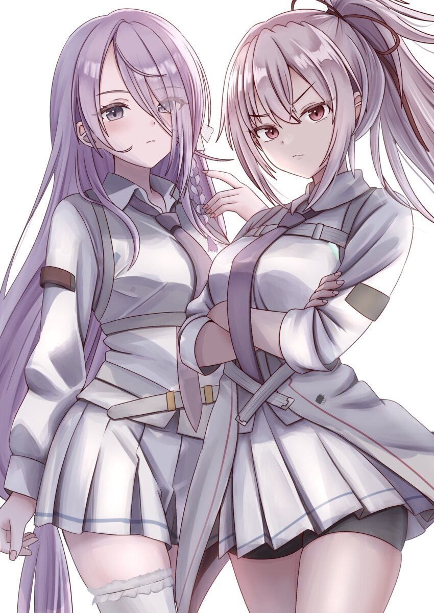 2girls, braid, commentary_request, heaven_burns_red, highres, kanikure12, kneehighs, kura_satomi