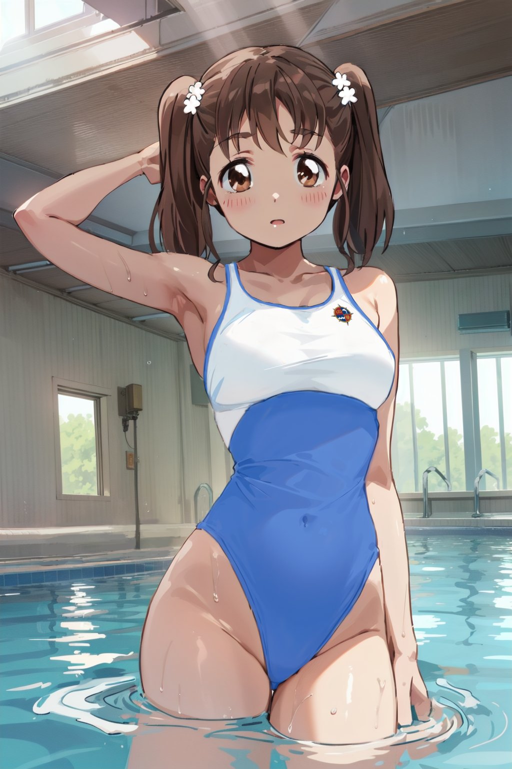 1girl, blue_one-piece_swimsuit, breasts, brown_eyes, brown_hair, covered_navel, cowboy_shot, high_school_fleet