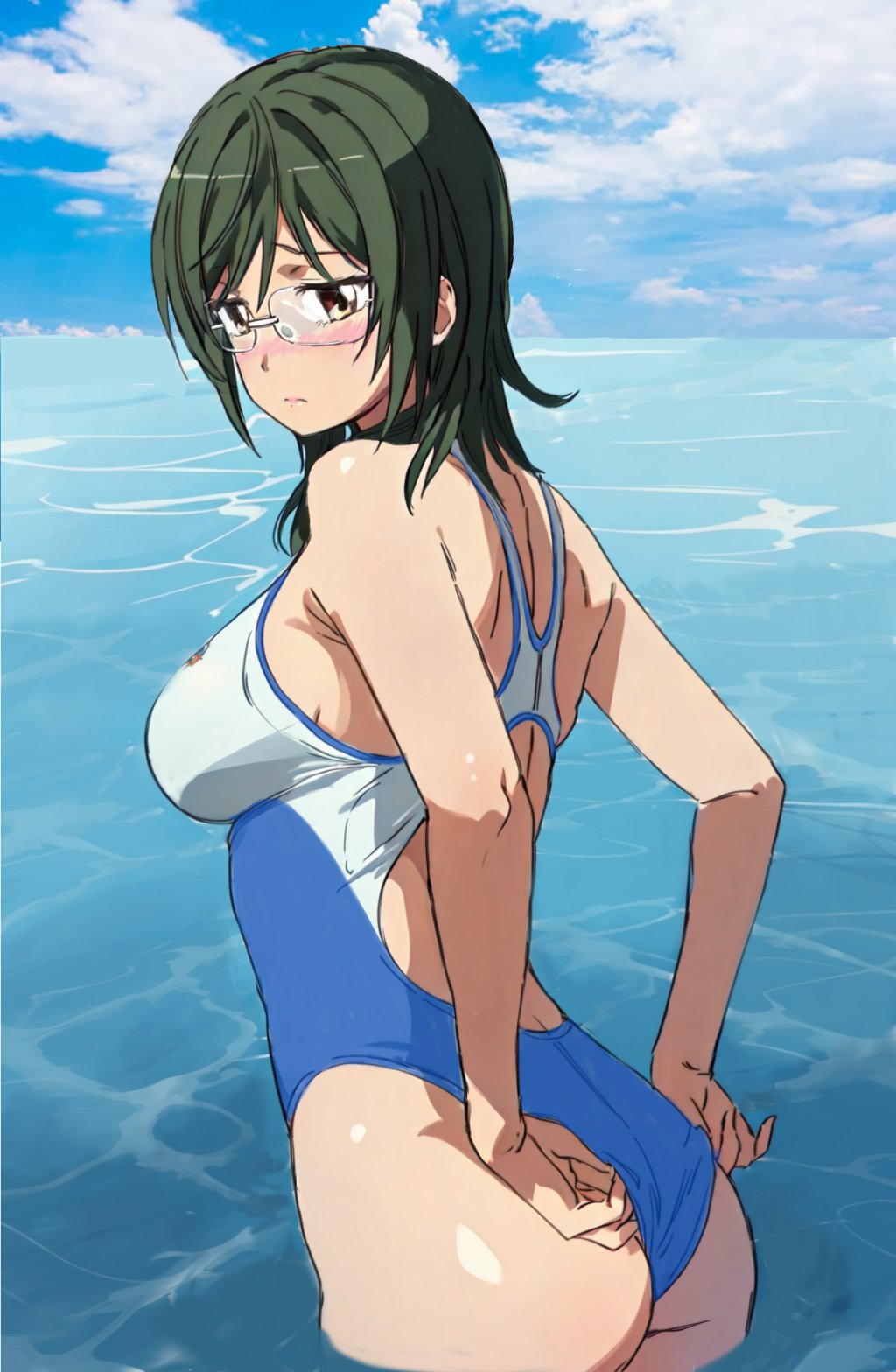 1girl, adjusting_clothes, adjusting_swimsuit, ass, black_hair, blue_one-piece_swimsuit, blue_sky, brown_eyes