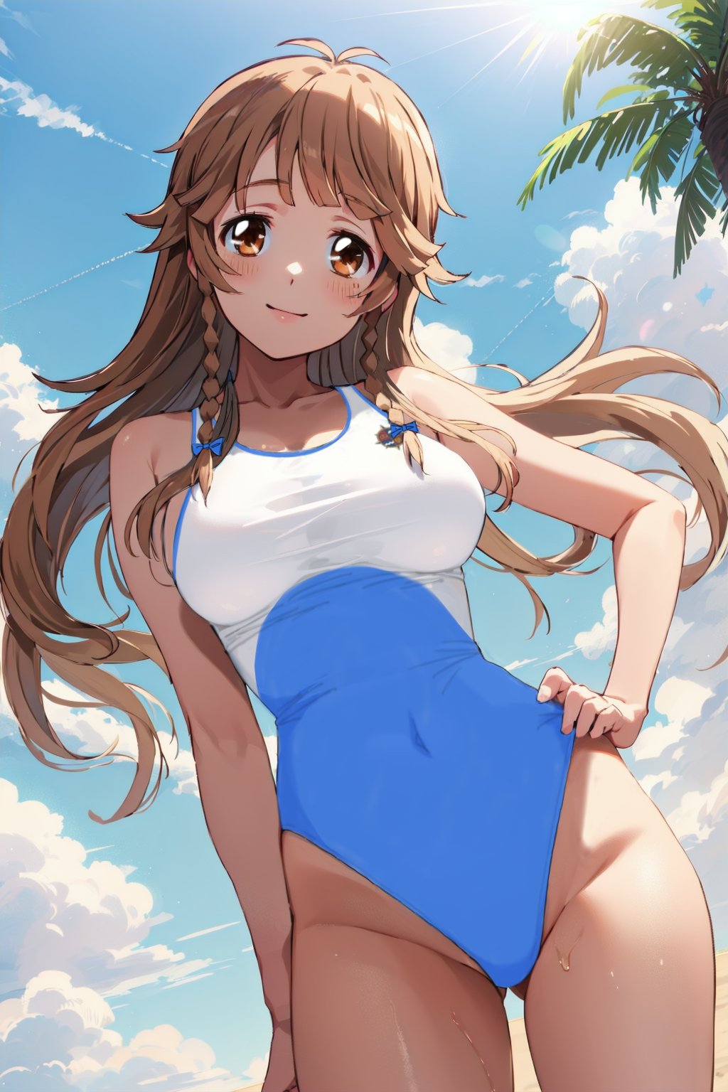 1girl, blue_one-piece_swimsuit, blue_sky, braid, breasts, brown_eyes, brown_hair, cloud