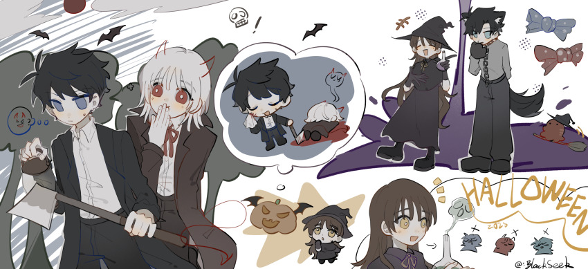 1girl, 3boys, absurdres, akinashi_haru, akinashi_natsuki, animal_collar, animal_ears, animal_hands, axe, black_shirt, black_skirt, blackseek, blood, bow, chibi, chibi_inset, collar, cowboy_shot, demon_horns, drawn_horns, flask, full_body, halloween, hat, high_collar, highres, holding, holding_axe, holding_flask, holding_lantern, horns, jack-o'-lantern, lantern, lapels, multiple_boys, murder, pool_of_blood, saihate_eki, shirt, skirt, speech_bubble, spiked_collar, spikes, tail, tako_(ruuya1124), tatsunami_shion, tenjiku_aoi, thought_bubble, wiping_face, witch, witch_hat, wolf_boy, wolf_ears, wolf_tail