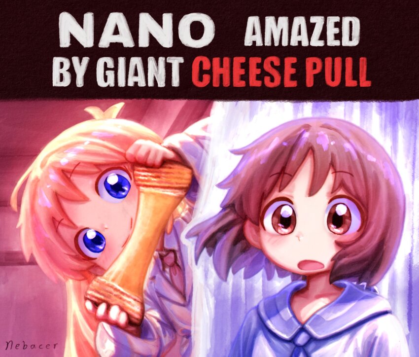 2girls, artist_name, black_hair, blonde_hair, blue_eyes, blue_sailor_collar, brown_eyes, coat