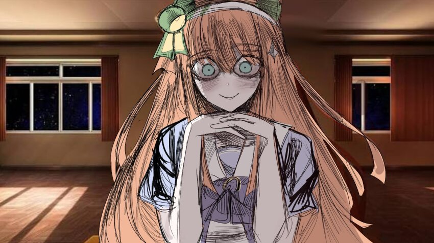1girl, blue_eyes, bow, bowtie, closed_mouth, crazy_eyes, crazy_smile, doki_doki_literature_club, dot_pupils, ear_covers, hairband, highres, just_monika_(meme), kouno_marika's_silence_suzuka_drawing_(meme), long_hair, looking_at_viewer, meme, orange_hair, parody, pedkung, puffy_short_sleeves, puffy_sleeves, purple_bow, purple_bowtie, purple_shirt, sailor_collar, school_uniform, shirt, short_sleeves, silence_suzuka_(umamusume), sketch, smile, solo, tracen_school_uniform, umamusume, white_hairband, white_sailor_collar