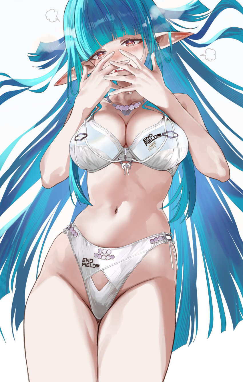 1girl, arknights, arknights:_endfield, blue_hair, blush, bra, breasts, cleavage, commentary_request, covering_own_face, cowboy_shot, groin, highleg, highleg_panties, highres, last_rite_(arknights), long_hair, looking_at_viewer, navel, nose_blush, open_mouth, panties, pointy_ears, salmon88, simple_background, solo, underwear, underwear_only, very_long_hair, white_background, white_bra, white_panties