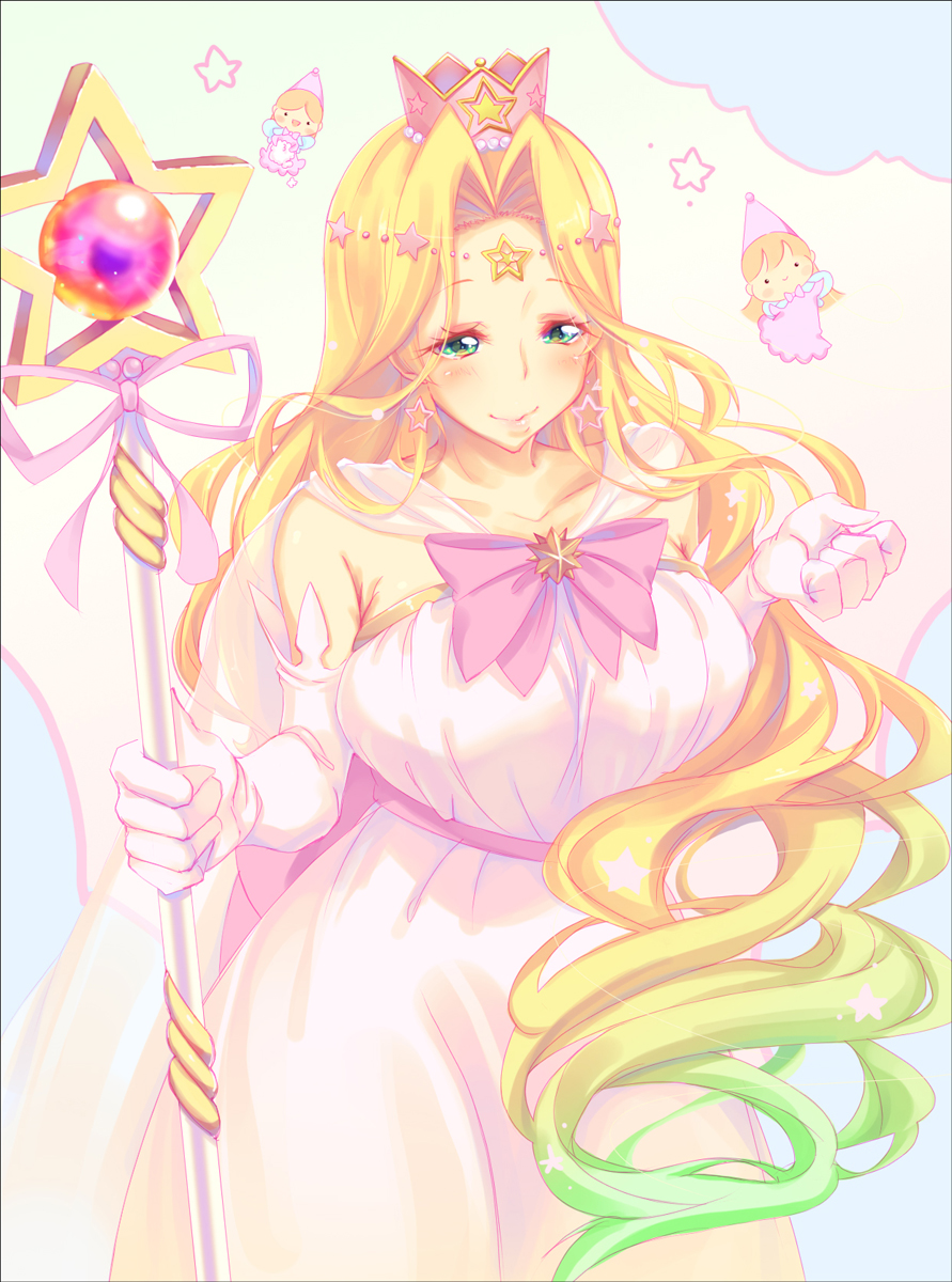 1girl, blonde_hair, bow, breasts, chest_bow, cowboy_shot, crown, dress