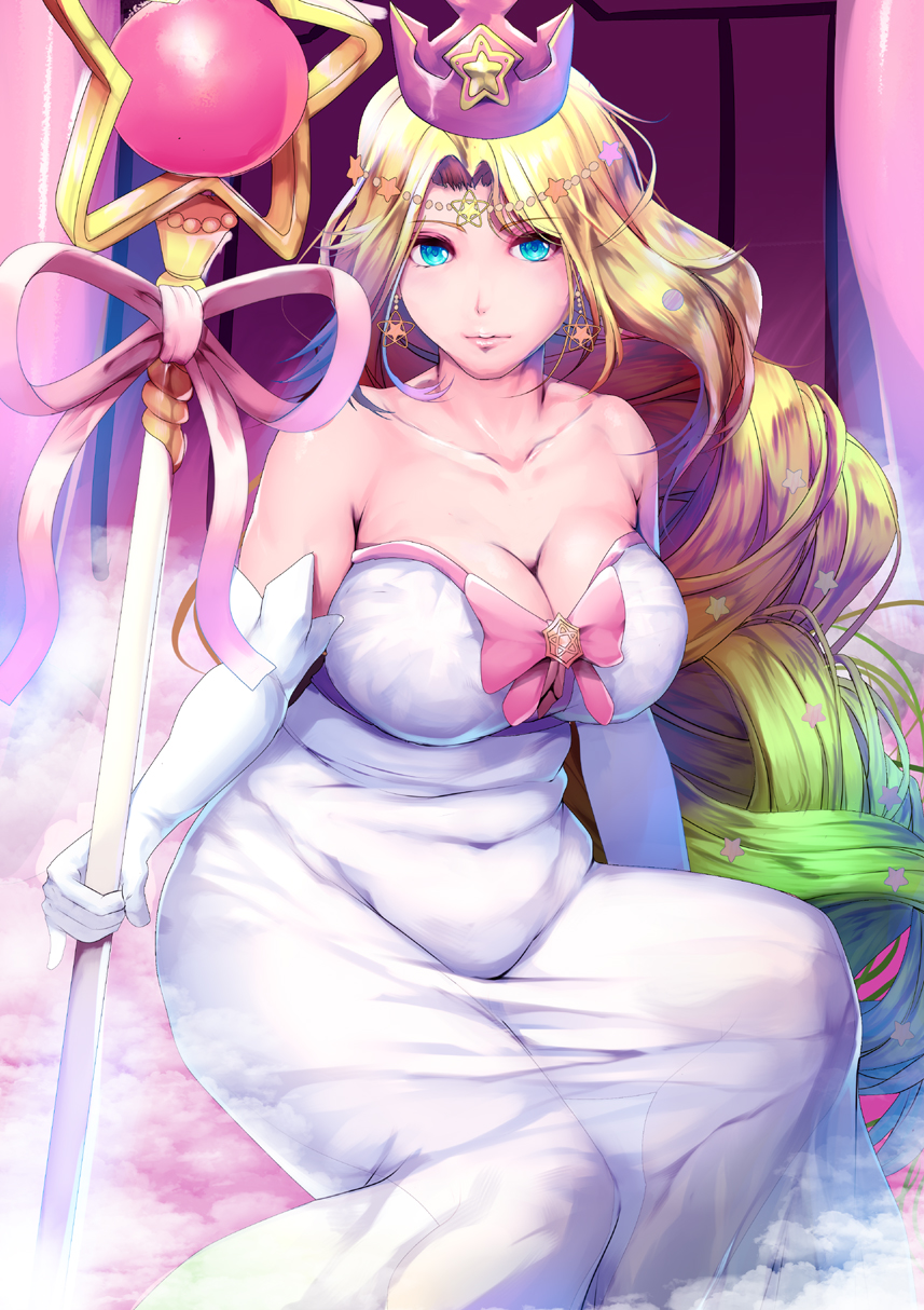 1girl, blonde_hair, blue_eyes, bow, breasts, chest_bow, cleavage, covered_navel, cowboy_shot, crown, dress, earrings, elbow_gloves, forehead_jewel, gloves, gradient_hair, green_hair, hair_ornament, harihisa, haze, highres, holding, holding_staff, jewelry, large_breasts, long_hair, lucia_(mewkledreamy), mewkledreamy, multicolored_hair, pink_bow, pink_crown, queen, see-through_clothes, see-through_dress, solo, staff, star_(symbol), star_earrings, star_hair_ornament, very_long_hair, white_dress