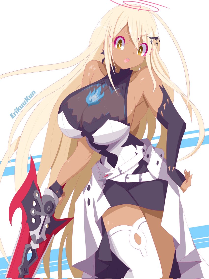 1girl, alternate_costume, black_bodysuit, black_gloves, black_shorts, bodysuit, breasts, cleavage, cosplay, dress, elbow_gloves, elizabeth_rose_bloodflame, elizabeth_rose_bloodflame_(1st_costume), elizabeth_rose_bloodflame_(cosplay), erikuukun, fingerless_gloves, fire_on_chest, gloves, highres, holding, holding_sword, holding_weapon, hololive, hololive_english, large_breasts, limiter_(tsukumo_sana), long_hair, looking_at_viewer, open_mouth, shorts, single_thighhigh, solo, sword, teeth, thighhighs, thorn_(elizabeth_rose_bloodflame), tsukumo_sana, upper_teeth_only, very_long_hair, virtual_youtuber, weapon, white_dress, white_thighhighs, yellow_eyes