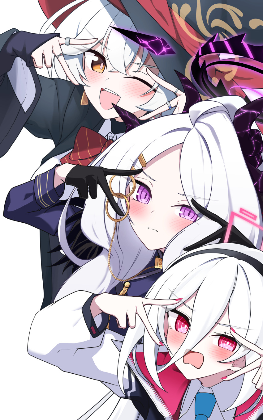 3girls, :o, ;d, absurdres, amtkmituki, black_gloves, black_hat, blue_archive