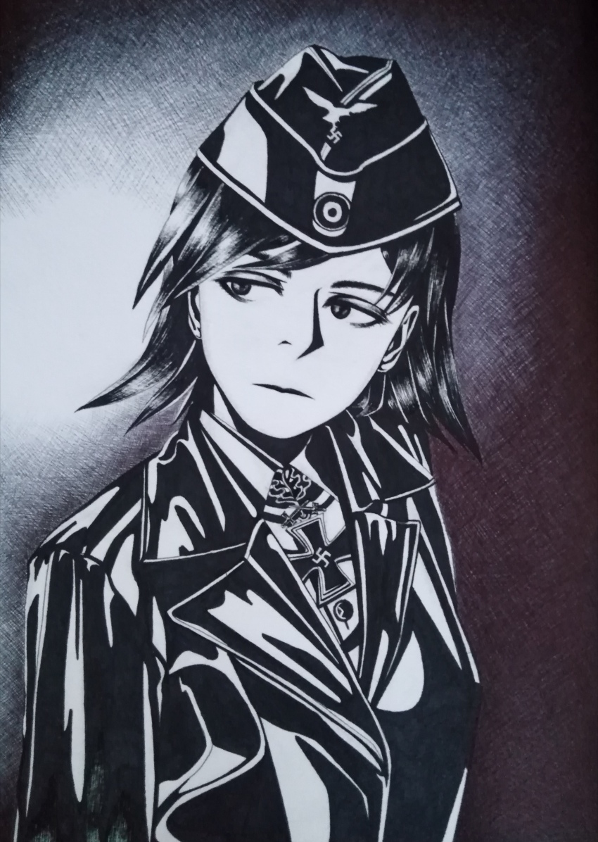 1girl, absurdres, bordfunker133, closed_mouth, commentary_request, cross, expressionless, greyscale, highres, iron_cross, luftwaffe, marseille-chan_(bordfunker133), monochrome, narrowed_eyes, nazi, original, photo_(medium), reichsadler, simple_background, solo, swastika, traditional_media, upper_body, world_war_ii