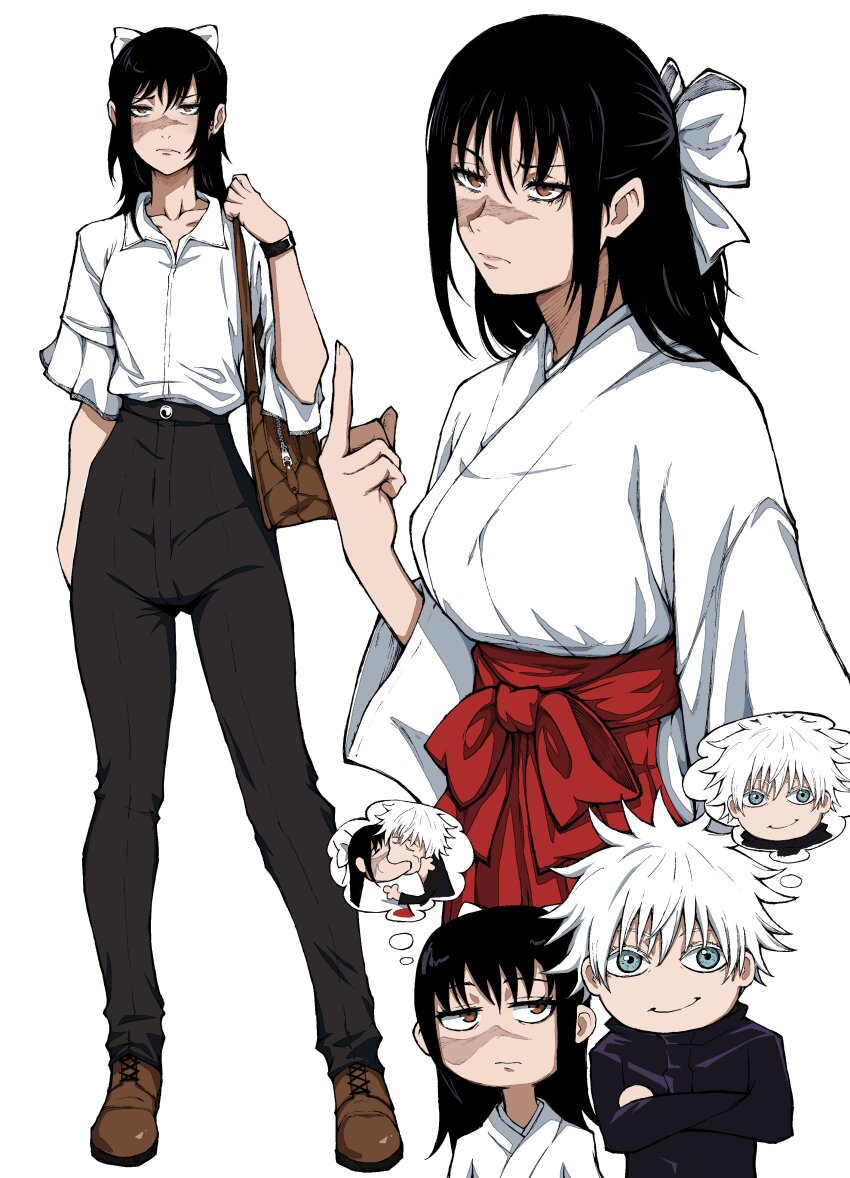 1boy, 1girl, absurdres, bag, black_hair, black_pants, blue_eyes, bow