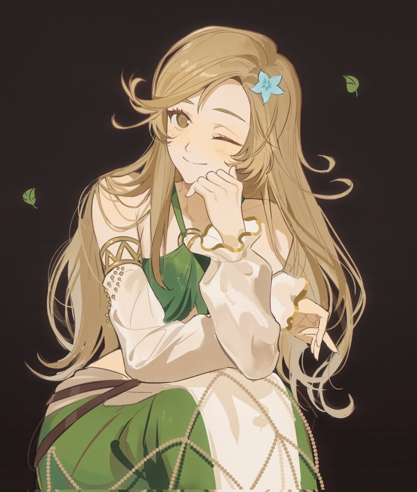 1girl, black_background, blonde_hair, closed_mouth, commentary, cowboy_shot, detached_sleeves, dress