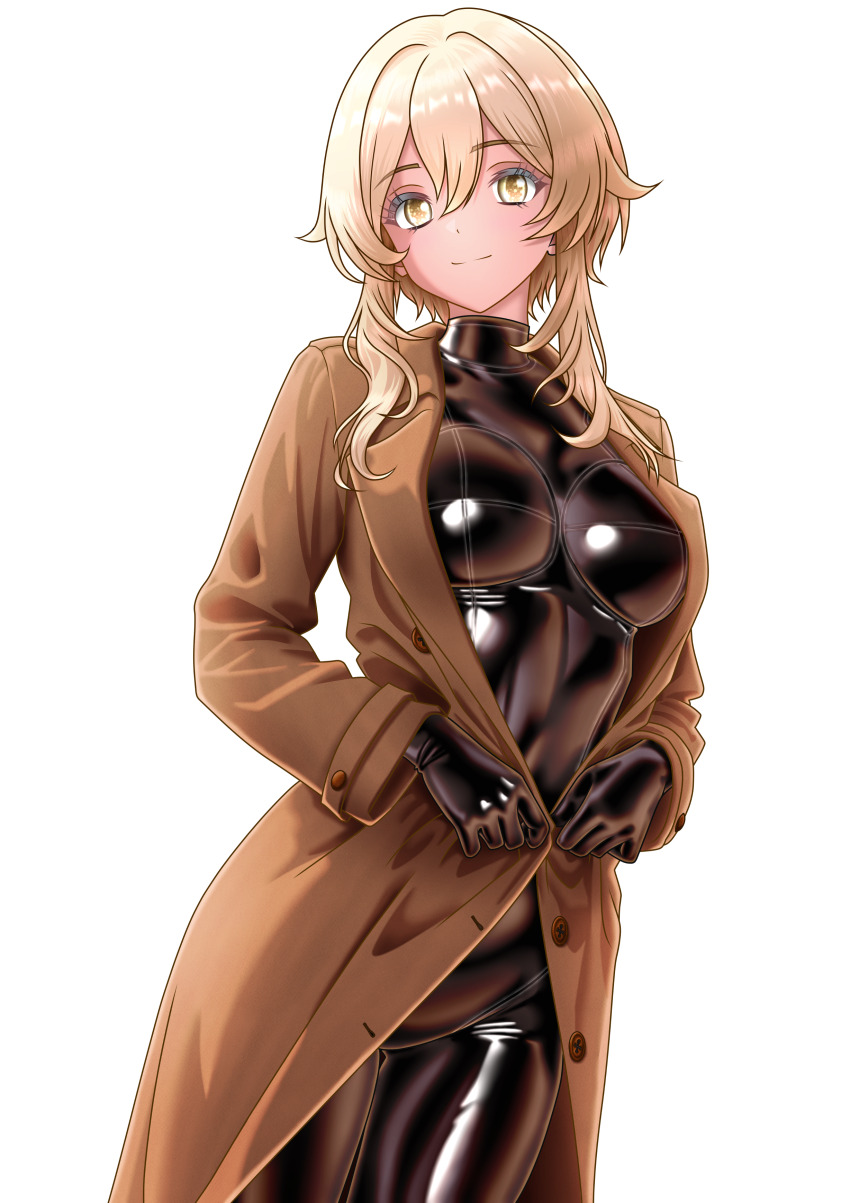 1girl, absurdres, blonde_hair, blush, bodysuit, breasts, brown_coat, coat