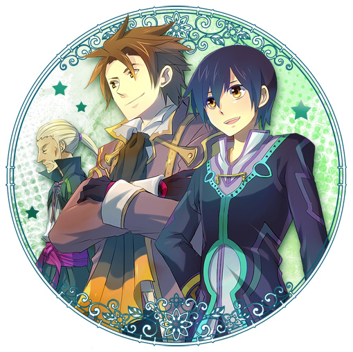 3boys, alvin_(tales), black_gloves, black_hair, brown_eyes, brown_hair, coat, ascot