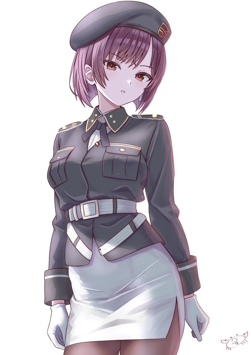 1girl, hat, heaven_burns_red, highres, kanikure12, military_hat, military_uniform, pantyhose, purple_hair, red_eyes, short_hair, signature, simple_background, tezuka_saki